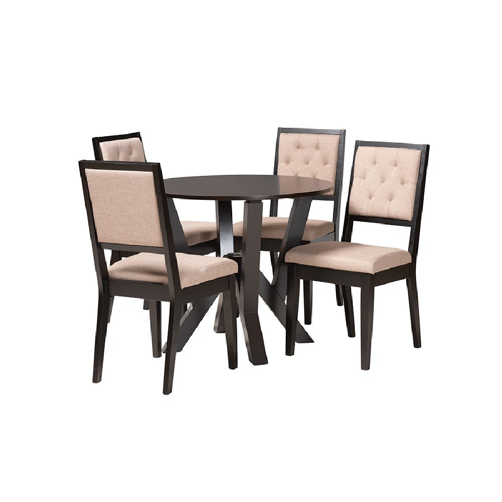 Baxton Studio Kai Modern Sand Fabric and Dark Brown Finished Wood 5-Piece Dining Set WHI-Kai-Sand-Dark-Brown-5PC-Dining-Set