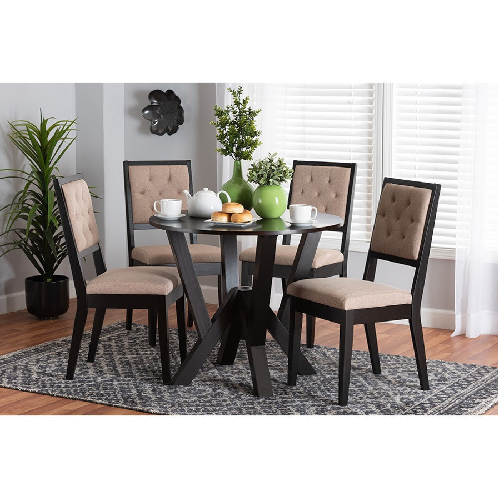 Baxton Studio Kai Modern Sand Fabric and Dark Brown Finished Wood 5-Piece Dining Set WHI-Kai-Sand-Dark-Brown-5PC-Dining-Set