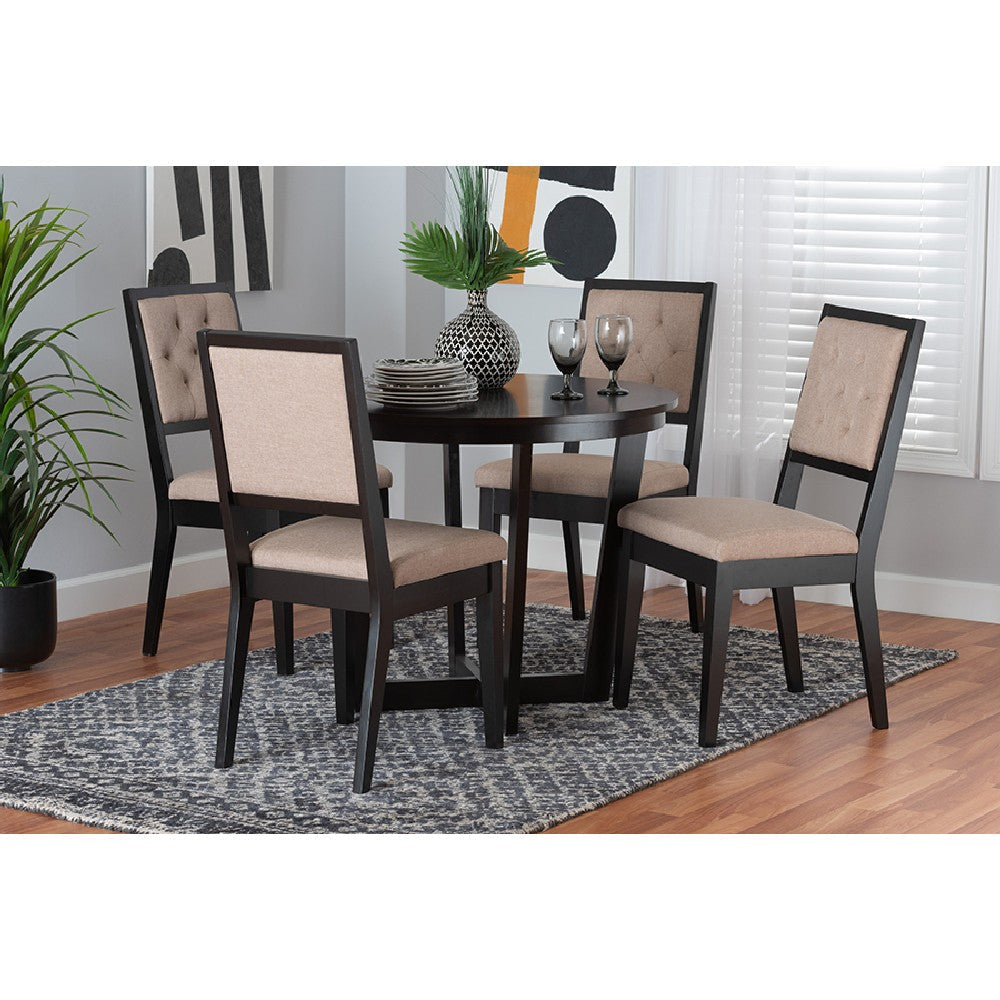 Baxton Studio Kala Modern Beige Fabric and Dark Brown Finished Wood 5-Piece Dining Set WHI-Kala-Sand-Dark-Brown-5PC-Dining-Set