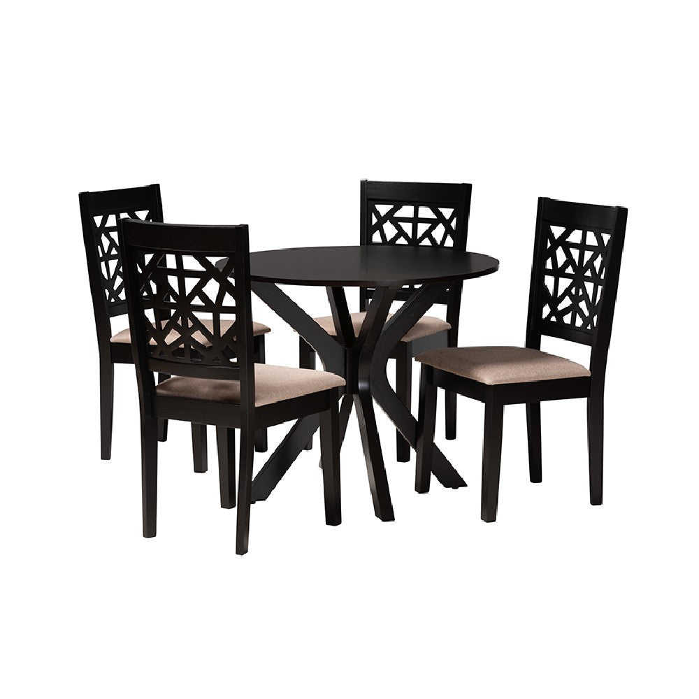 Baxton Studio Karel Modern Beige Fabric and Espresso Brown Finished Wood 5-Piece Dining Set WHI-Karel-Sand-Dark-Brown-5PC-Dining-Set