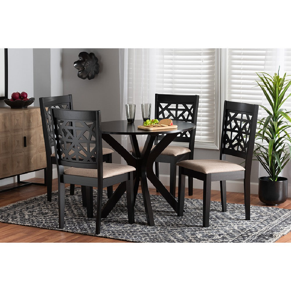 Baxton Studio Karel Modern Beige Fabric and Espresso Brown Finished Wood 5-Piece Dining Set WHI-Karel-Sand-Dark-Brown-5PC-Dining-Set