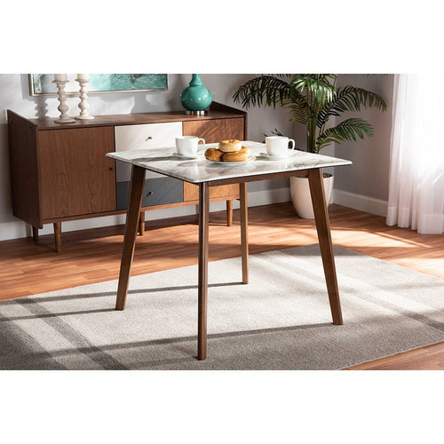 Baxton Studio Kaylee Mid-Century Modern Transitional Walnut Brown Finished Wood Dining Table with Faux Marble Tabletop