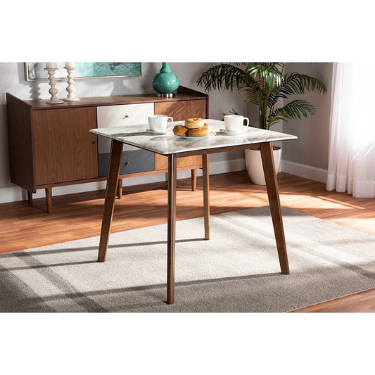 Baxton Studio Kaylee Mid-Century Modern Transitional Walnut Brown Finished Wood Dining Table with Faux Marble Tabletop