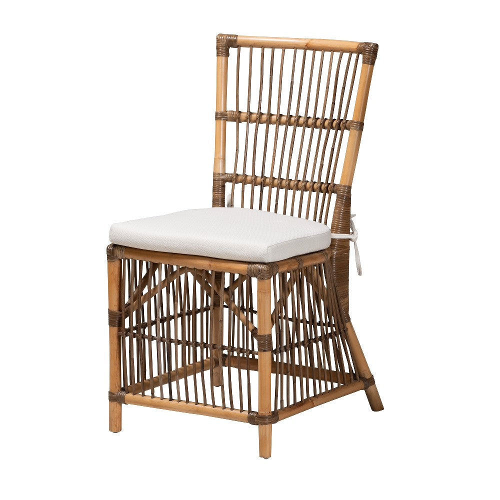 bali & pari Kim Modern Bohemian White Fabric and Natural Brown Rattan Dining Chair WHI-Kim-Natural-Rattan-DC