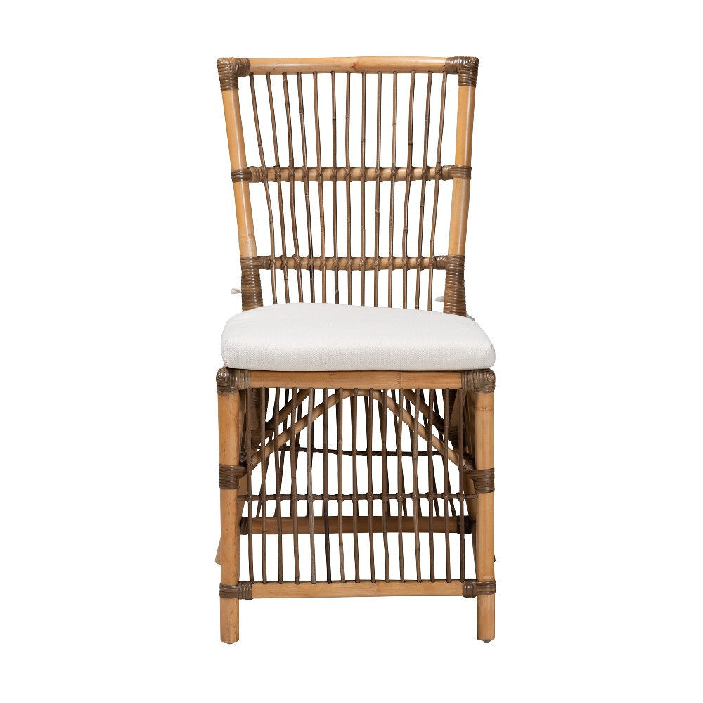 bali & pari Kim Modern Bohemian White Fabric and Natural Brown Rattan Dining Chair WHI-Kim-Natural-Rattan-DC