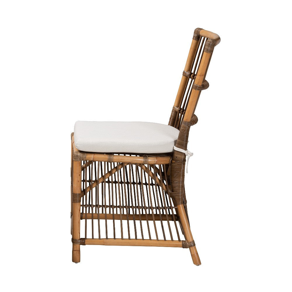 bali & pari Kim Modern Bohemian White Fabric and Natural Brown Rattan Dining Chair WHI-Kim-Natural-Rattan-DC