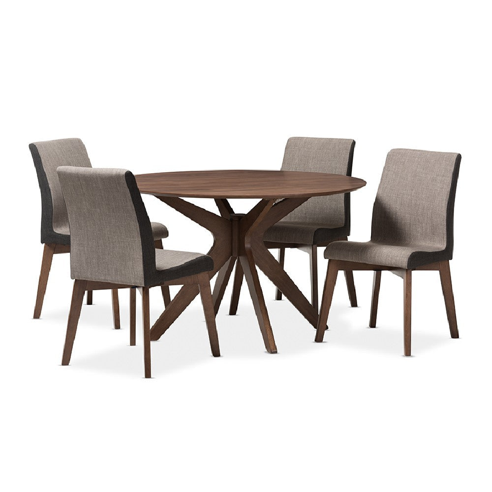 Baxton Studio Kimberly Mid-Century Modern Walnut Wood Round 5-Piece Dining Set WHI-Kimberly-Brown-Walnut-5PC-Dining-Set