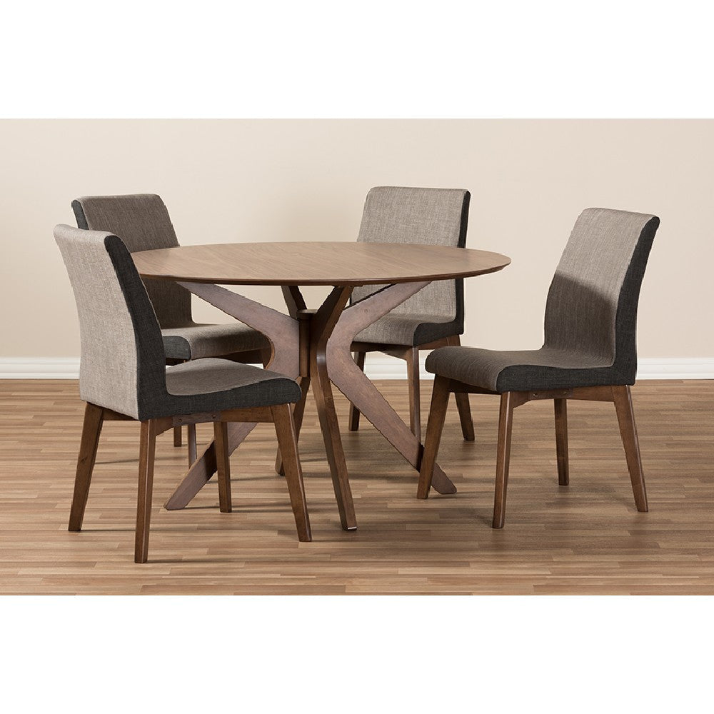 Baxton Studio Kimberly Mid-Century Modern Walnut Wood Round 5-Piece Dining Set WHI-Kimberly-Brown-Walnut-5PC-Dining-Set
