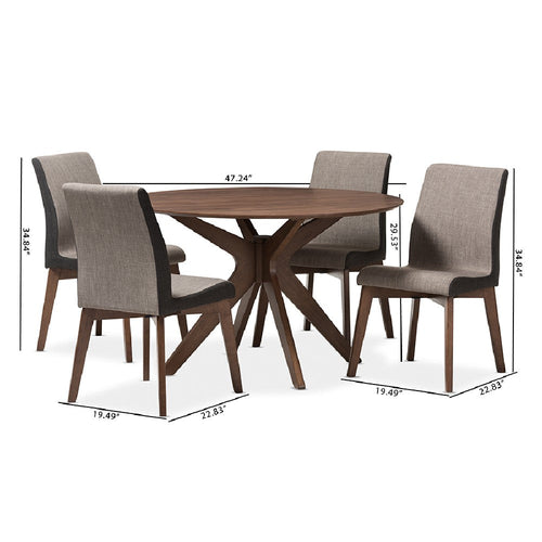 Baxton Studio Kimberly Mid-Century Modern Walnut Wood Round 5-Piece Dining Set