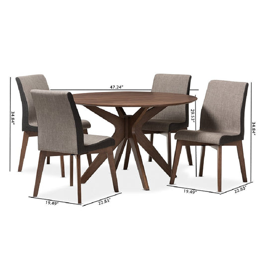 Baxton Studio Kimberly Mid-Century Modern Walnut Wood Round 5-Piece Dining Set