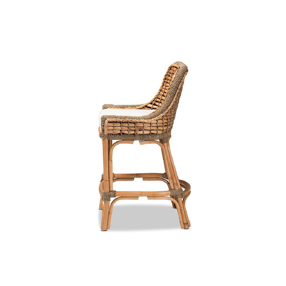 bali & pari Kyle Modern Bohemian Natural Brown Woven Rattan Counter Stool with Cushion WHI-Kyle-Rattan-CS