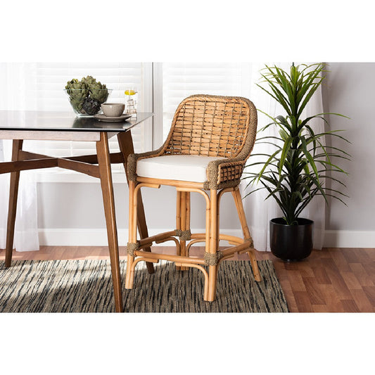bali & pari Kyle Modern Bohemian Natural Brown Woven Rattan Counter Stool with Cushion