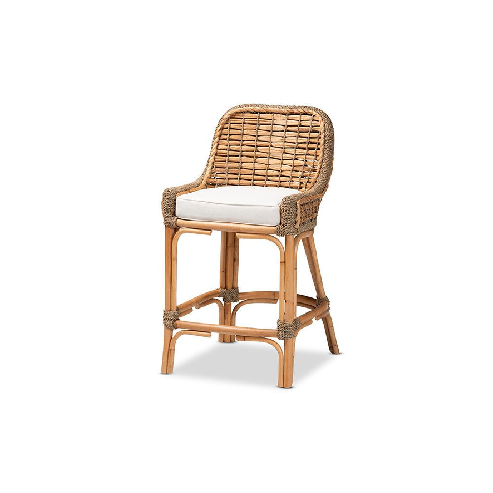 bali & pari Kyle Modern Bohemian Natural Brown Woven Rattan Counter Stool with Cushion WHI-Kyle-Rattan-CS