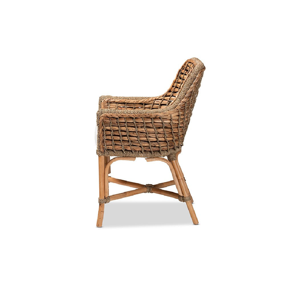 bali & pari Kyle Modern Bohemian Natural Brown Woven Rattan Dining Arm Chair with Cushion WHI-Kyle-Rattan-DC-Arm