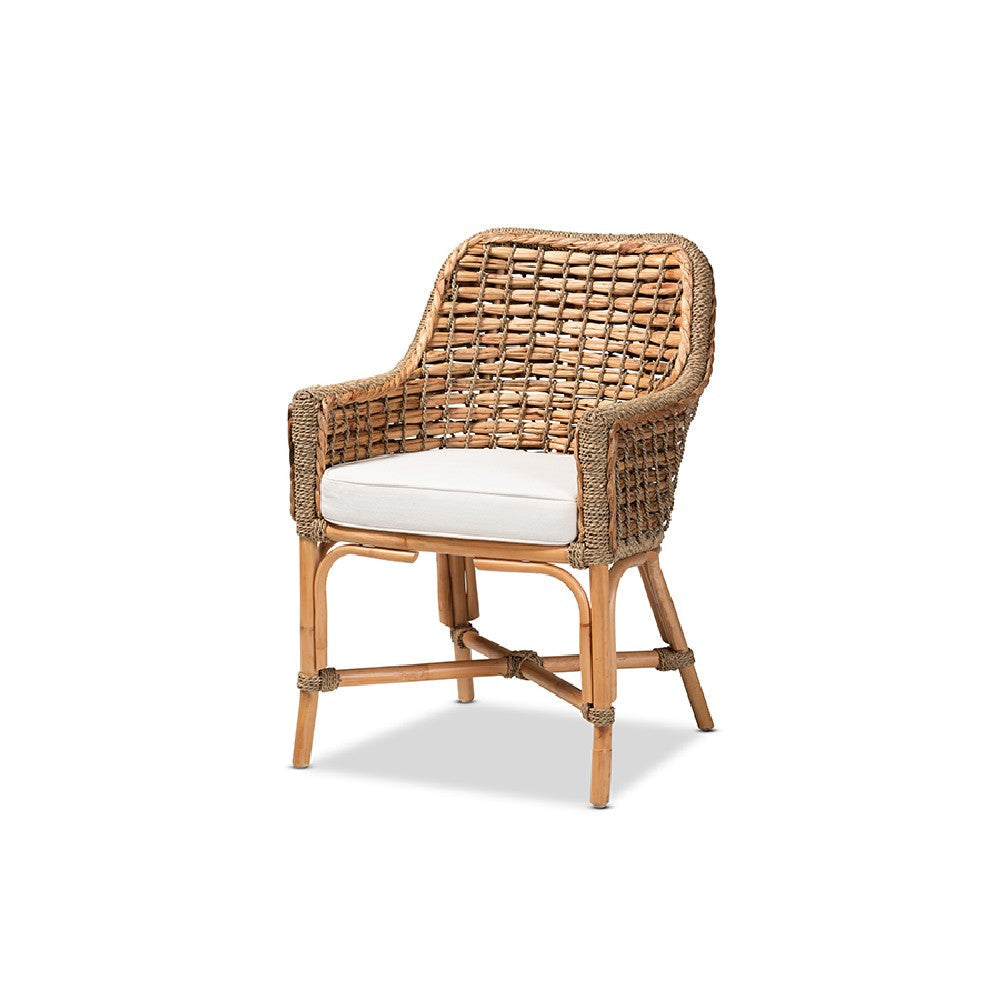 bali & pari Kyle Modern Bohemian Natural Brown Woven Rattan Dining Arm Chair with Cushion WHI-Kyle-Rattan-DC-Arm