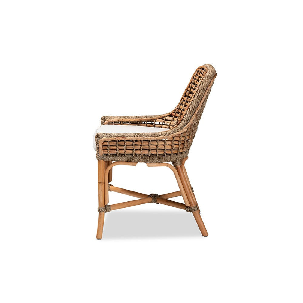 bali & pari Kyle Modern Bohemian Natural Brown Woven Rattan Dining Side Chair With Cushion WHI-Kyle-Rattan-DC-No-Arm