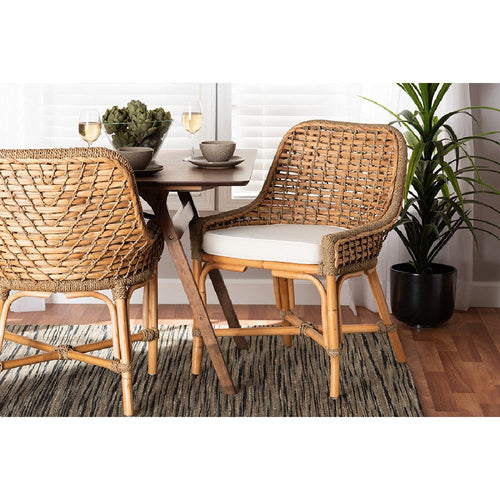 bali & pari Kyle Modern Bohemian Natural Brown Woven Rattan Dining Side Chair With Cushion