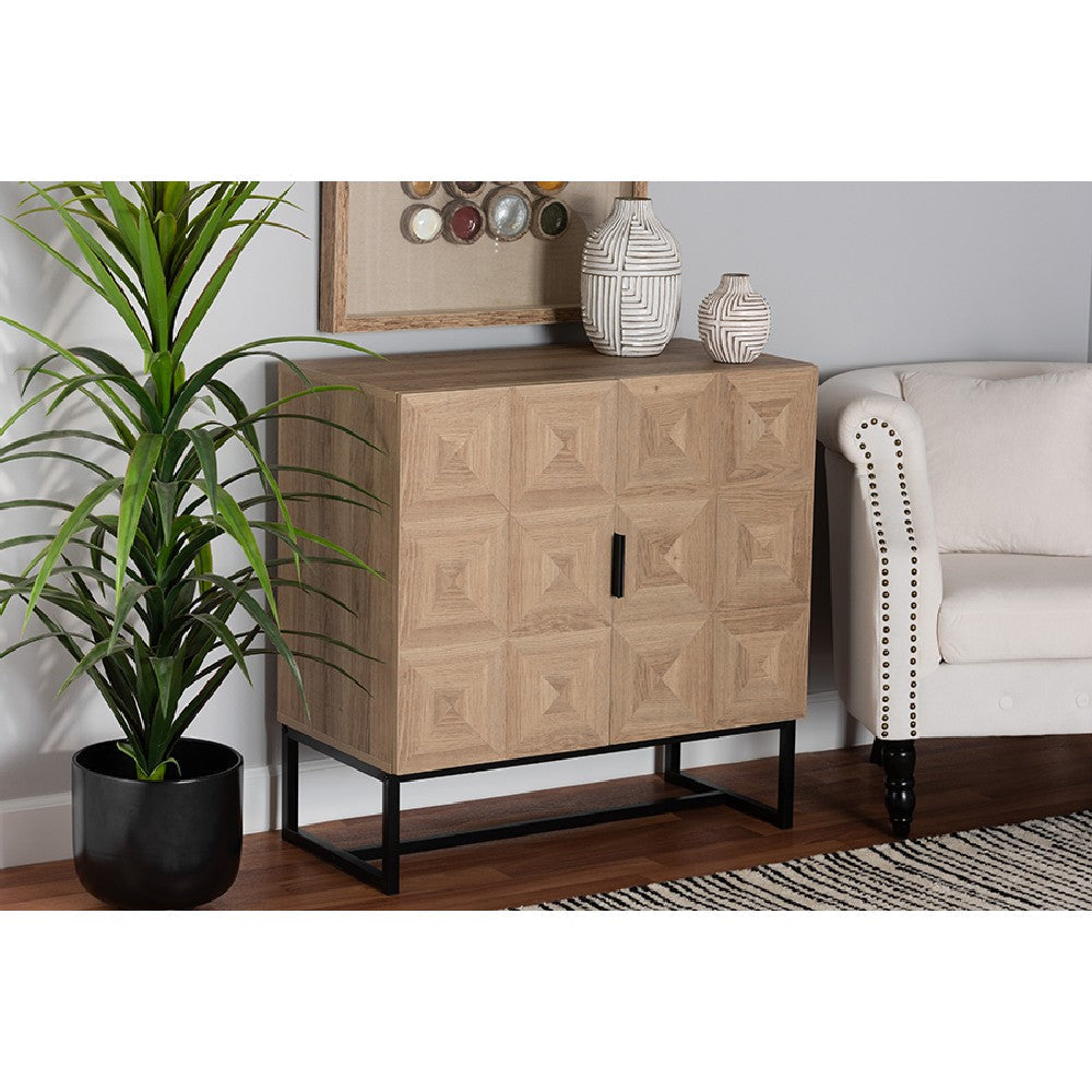 Baxton Studio Darien Modern and Contemporary Natural Brown Finished Wood and Black Metal 2-Door Storage Cabinet