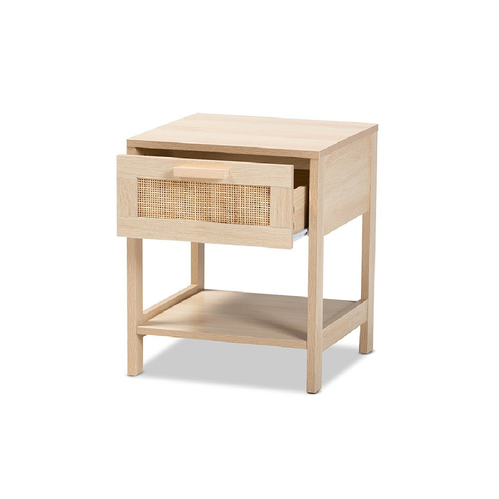 Baxton Studio Sebille Mid-Century Modern Light Brown Finished Wood 1-Drawer End Table with Natural Rattan WHI-LC21020905-Rattan-ET