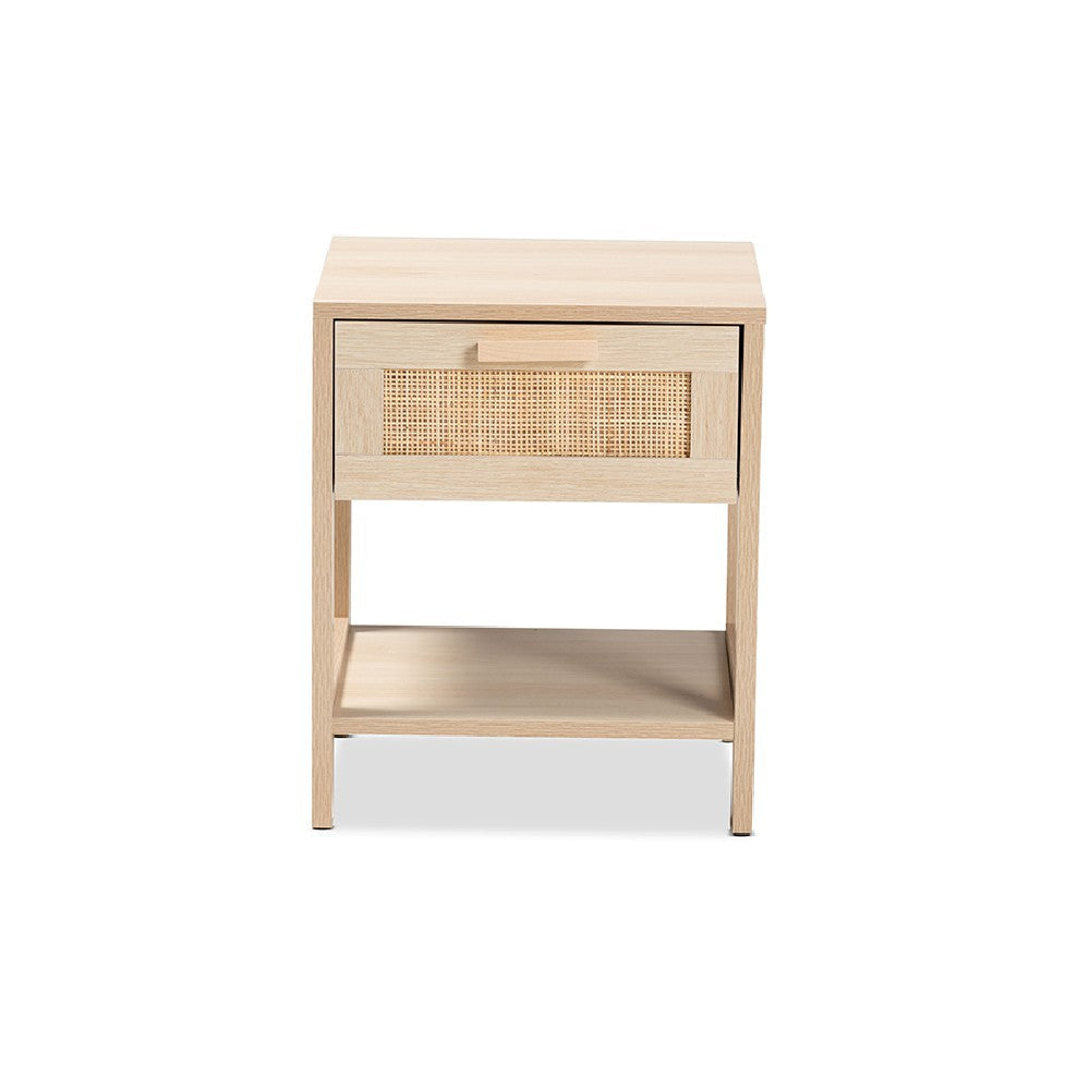 Baxton Studio Sebille Mid-Century Modern Light Brown Finished Wood 1-Drawer End Table with Natural Rattan WHI-LC21020905-Rattan-ET