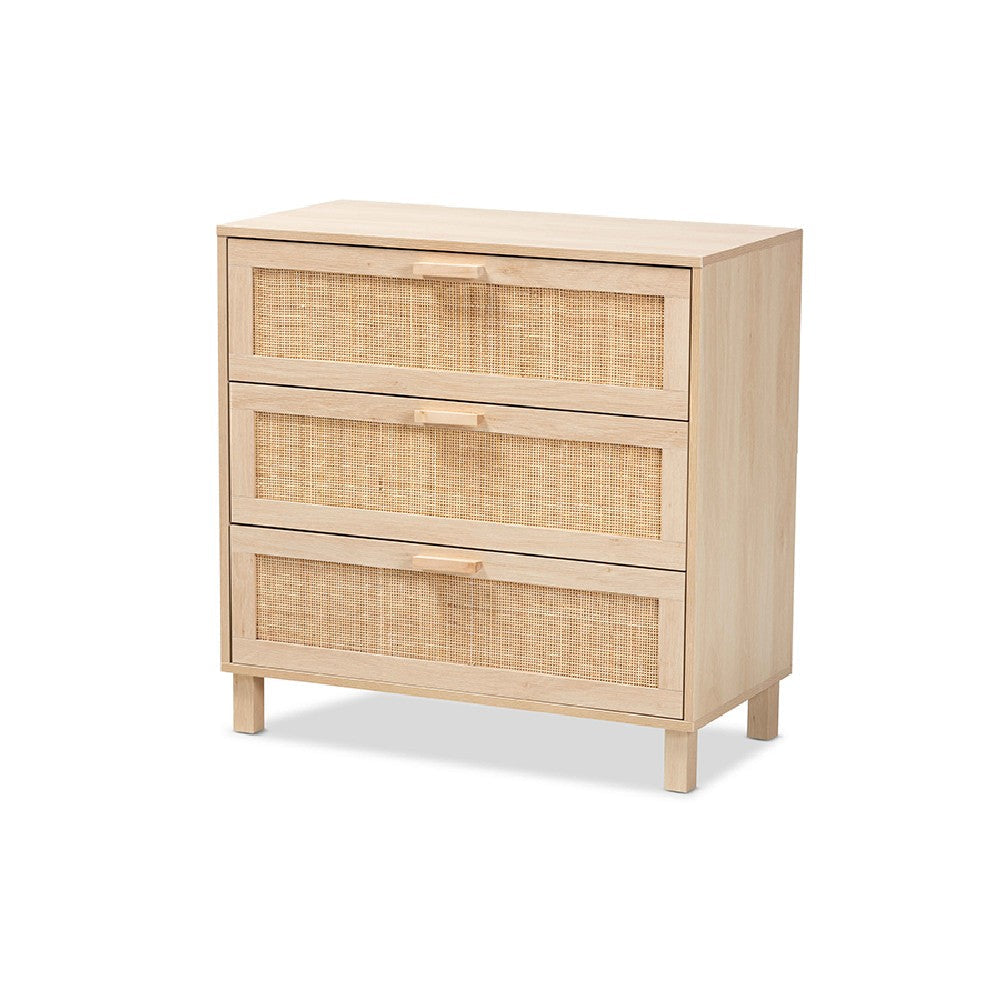 Baxton Studio Sebille Mid-Century Modern Light Brown Finished Wood 3-Drawer Storage Cabinet with Natural Rattan