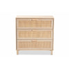 Baxton Studio Sebille Mid-Century Modern Light Brown Finished Wood 3-Drawer Storage Cabinet with Natural Rattan