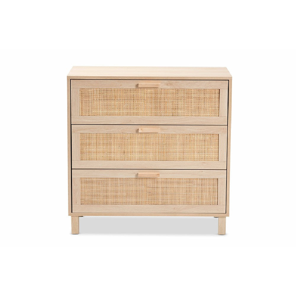 Baxton Studio Sebille Mid-Century Modern Light Brown Finished Wood 3-Drawer Storage Cabinet with Natural Rattan
