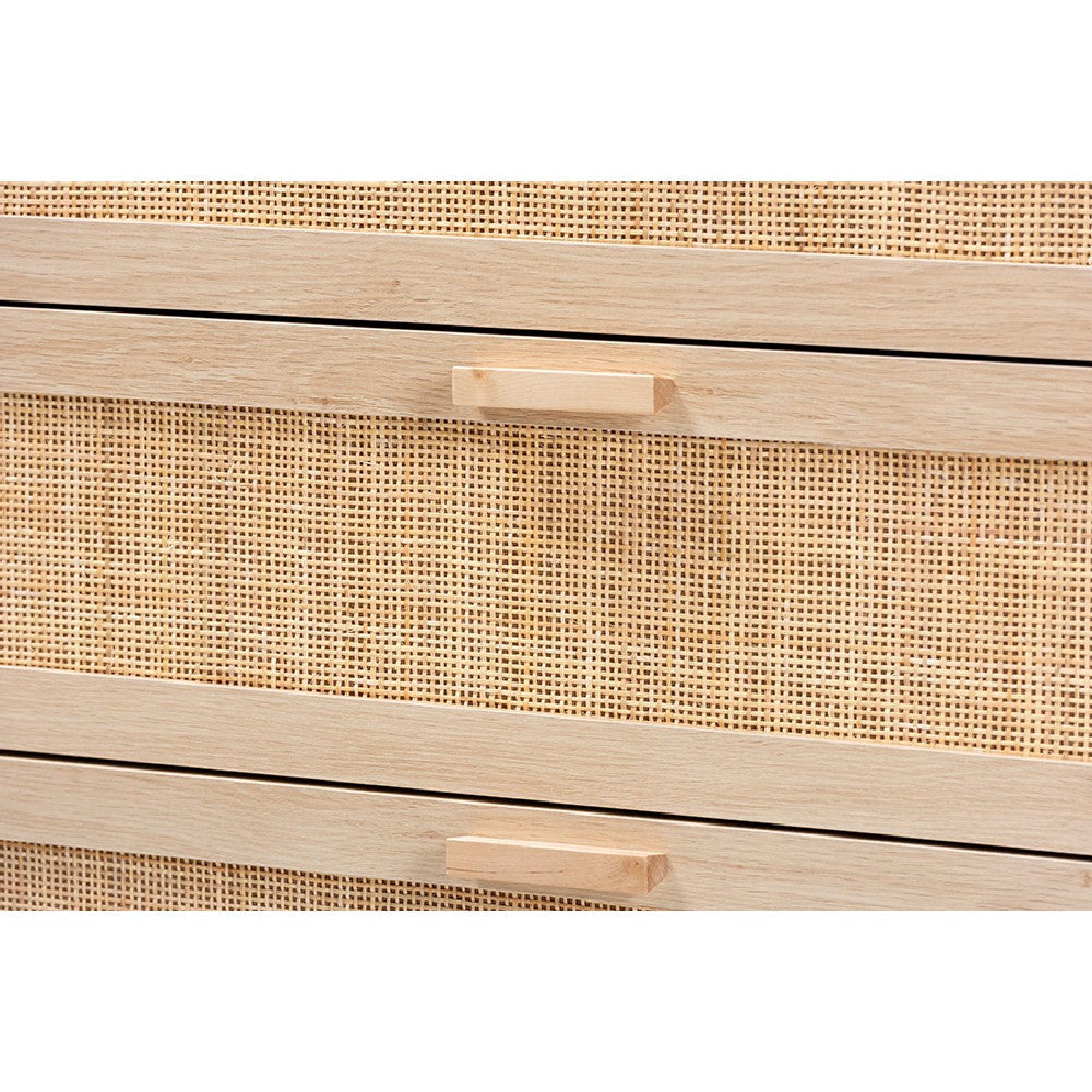 Baxton Studio Sebille Mid-Century Modern Light Brown Finished Wood 3-Drawer Storage Cabinet with Natural Rattan