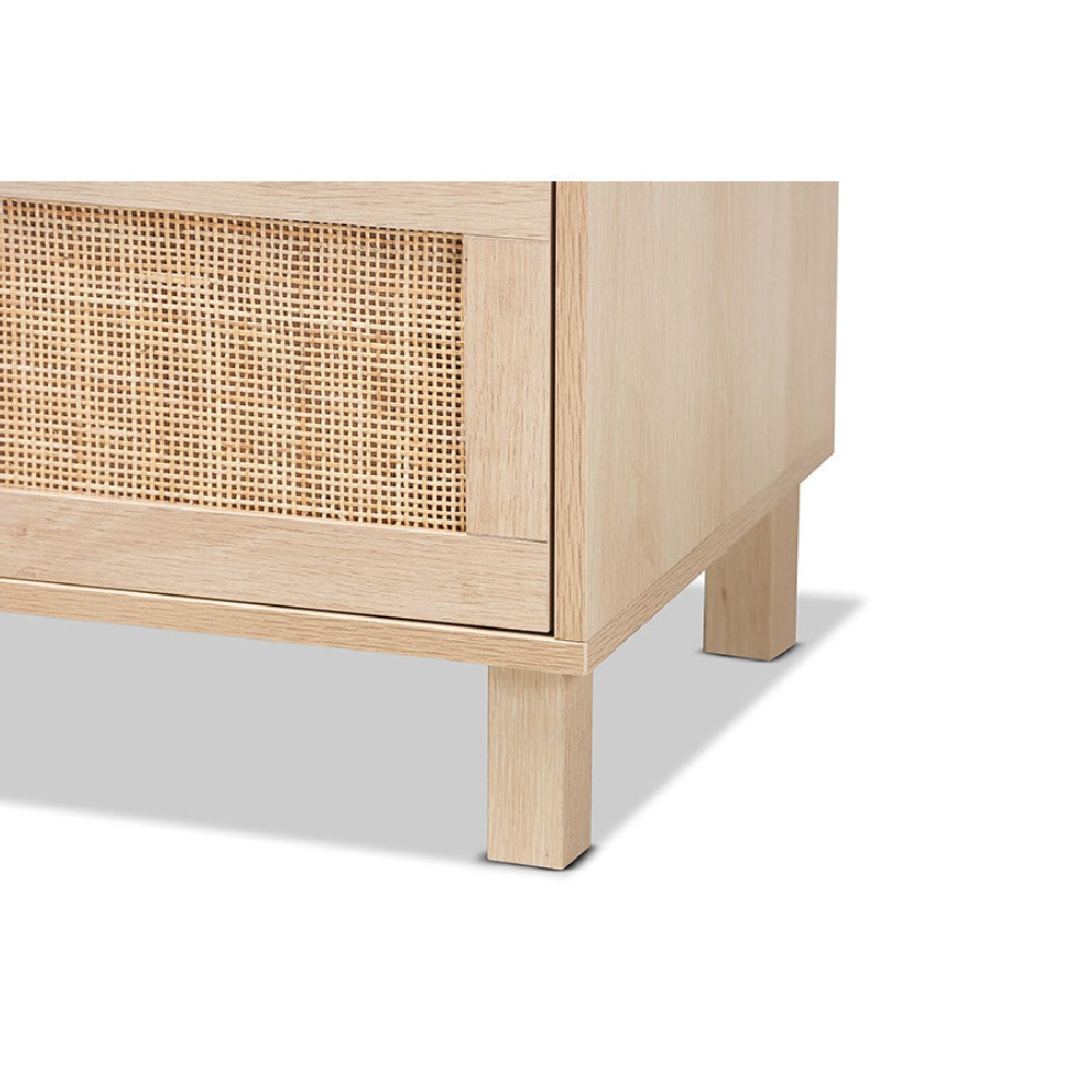 Baxton Studio Sebille Mid-Century Modern Light Brown Finished Wood 3-Drawer Storage Cabinet with Natural Rattan