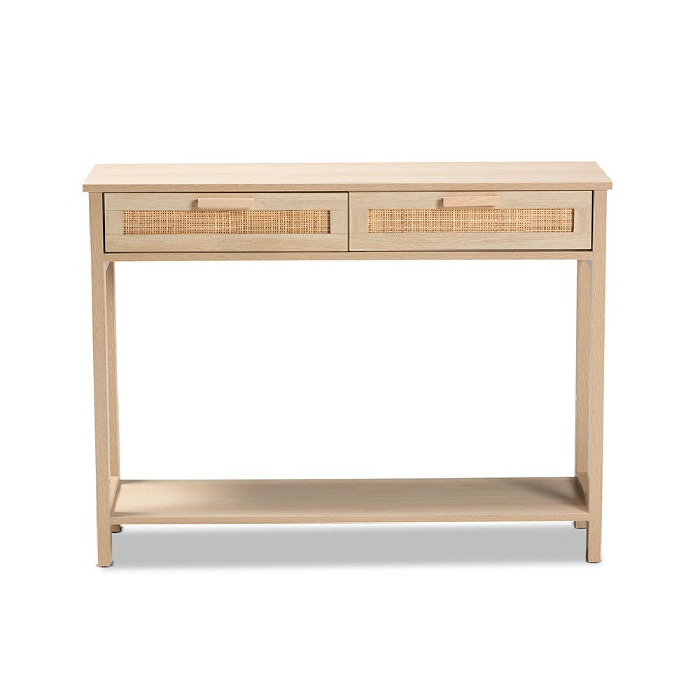Baxton Studio Sebille Mid-Century Modern Light Brown Finished Wood 2-Drawer Console Table with Natural Rattan