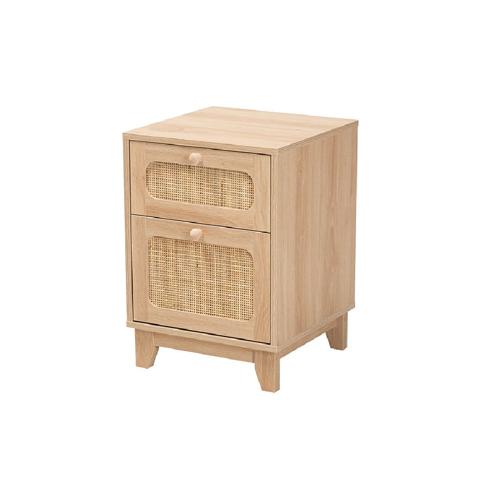 Baxton Studio Elsbeth Mid-Century Modern Light Brown Finished Wood and Natural Rattan 1-Drawer End Table WHI-LC22040701-Rattan-ET