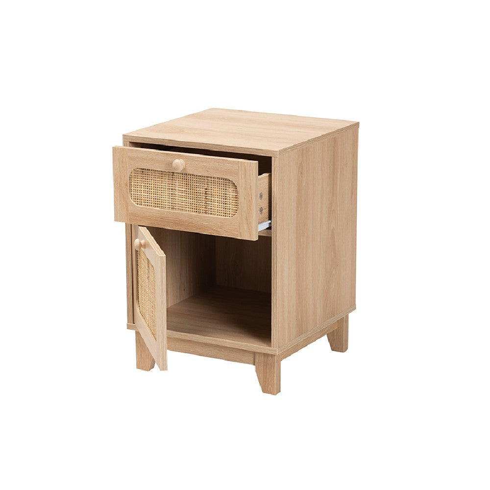 Baxton Studio Elsbeth Mid-Century Modern Light Brown Finished Wood and Natural Rattan 1-Drawer End Table WHI-LC22040701-Rattan-ET