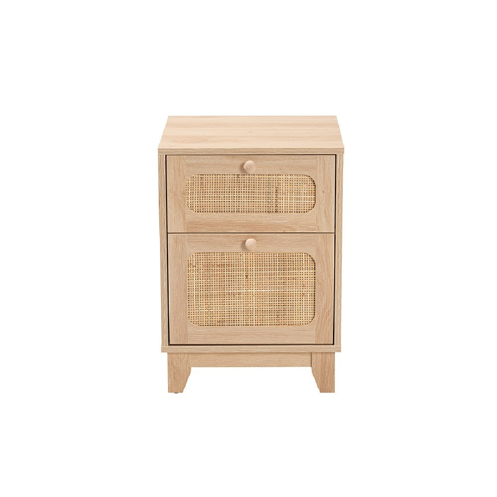 Baxton Studio Elsbeth Mid-Century Modern Light Brown Finished Wood and Natural Rattan 1-Drawer End Table WHI-LC22040701-Rattan-ET