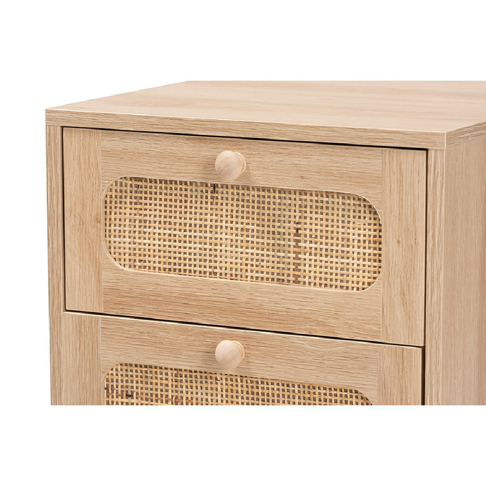 Baxton Studio Elsbeth Mid-Century Modern Light Brown Finished Wood and Natural Rattan 1-Drawer End Table WHI-LC22040701-Rattan-ET