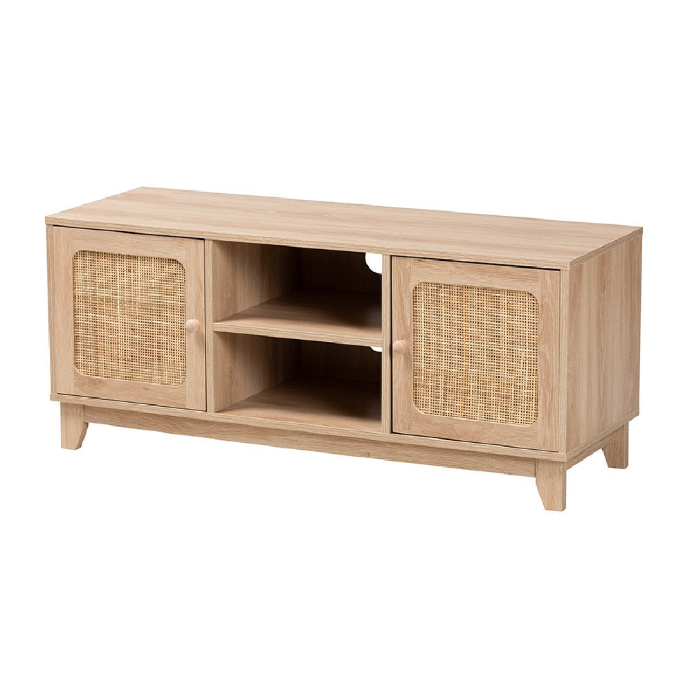 Baxton Studio Elsbeth Mid-Century Modern Light Brown Finished Wood and Natural Rattan 2-Door TV Stand WHI-LC22040702-Rattan-TV-Stand