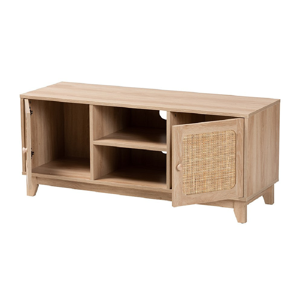 Baxton Studio Elsbeth Mid-Century Modern Light Brown Finished Wood and Natural Rattan 2-Door TV Stand WHI-LC22040702-Rattan-TV-Stand