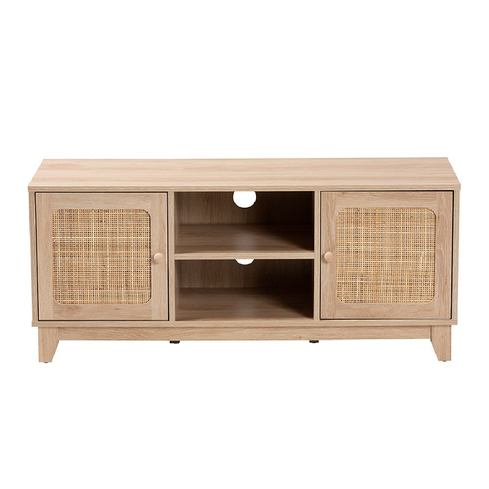 Baxton Studio Elsbeth Mid-Century Modern Light Brown Finished Wood and Natural Rattan 2-Door TV Stand WHI-LC22040702-Rattan-TV-Stand