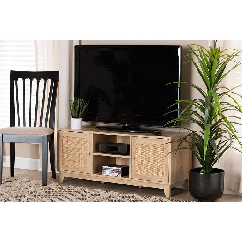 Baxton Studio Elsbeth Mid-Century Modern Light Brown Finished Wood and Natural Rattan 2-Door TV Stand WHI-LC22040702-Rattan-TV-Stand