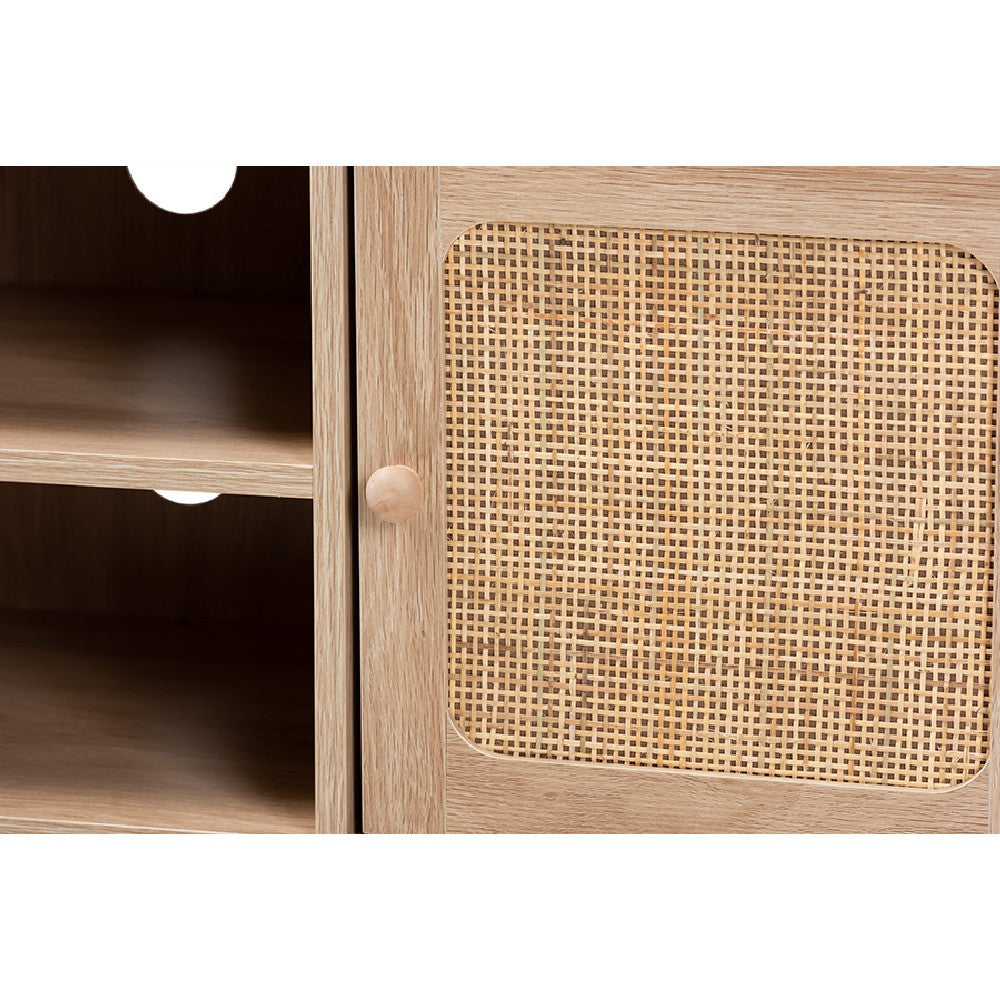 Baxton Studio Elsbeth Mid-Century Modern Light Brown Finished Wood and Natural Rattan 2-Door TV Stand WHI-LC22040702-Rattan-TV-Stand