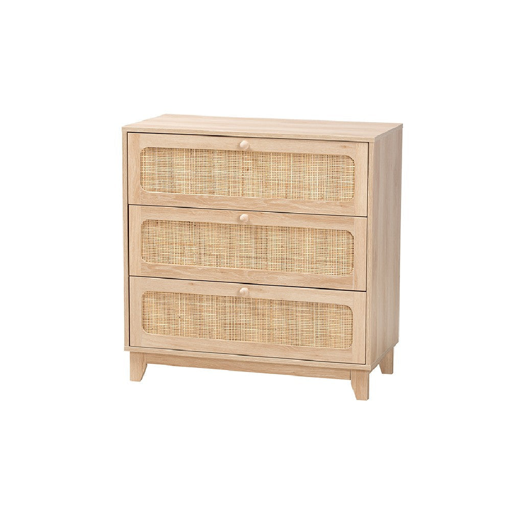 Baxton Studio Elsbeth Japandi Oak Brown Finished Wood and Natural Rattan 3-Drawer Storage Cabinet WHI-LC22040703-Rattan-3DW-Cabinet