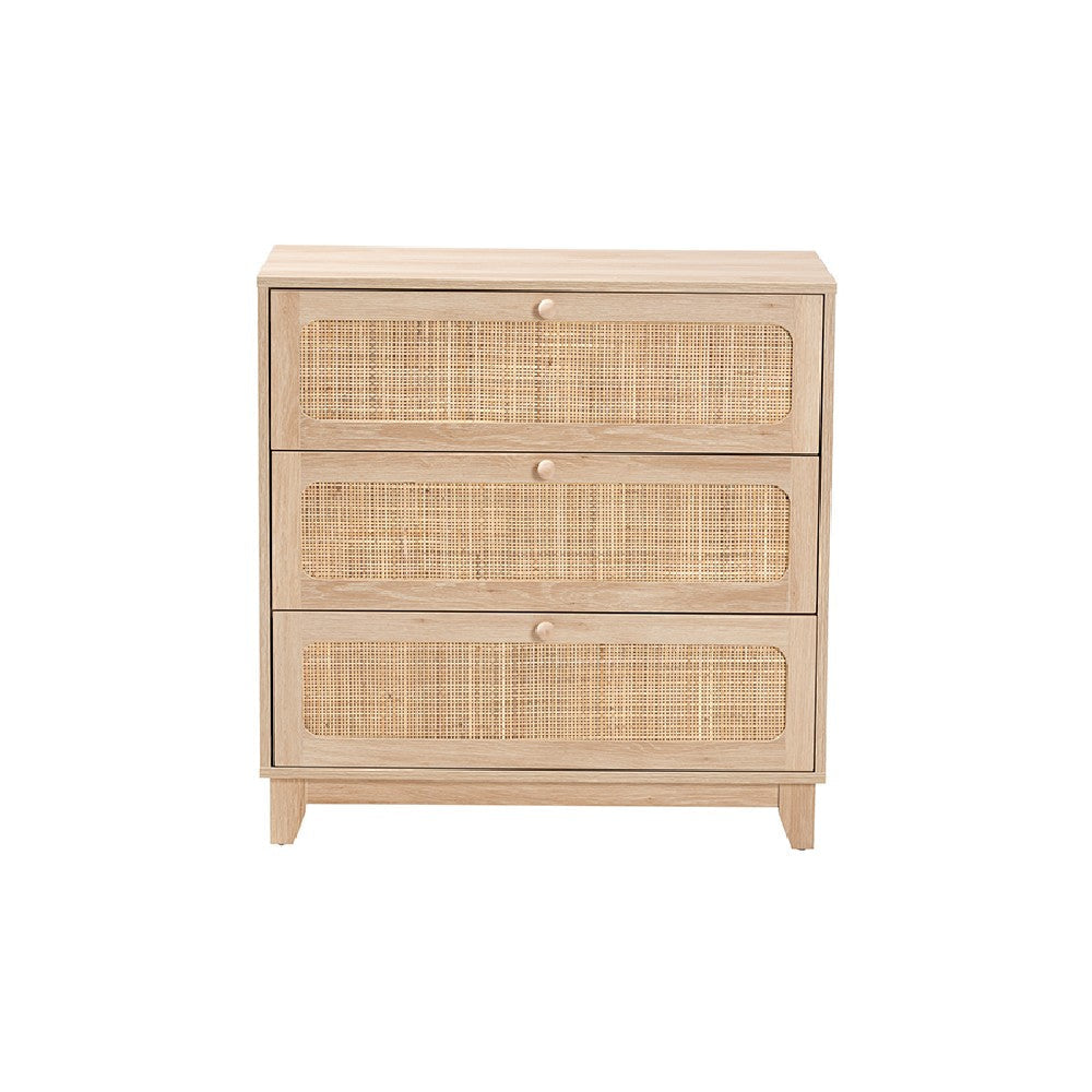 Baxton Studio Elsbeth Japandi Oak Brown Finished Wood and Natural Rattan 3-Drawer Storage Cabinet WHI-LC22040703-Rattan-3DW-Cabinet