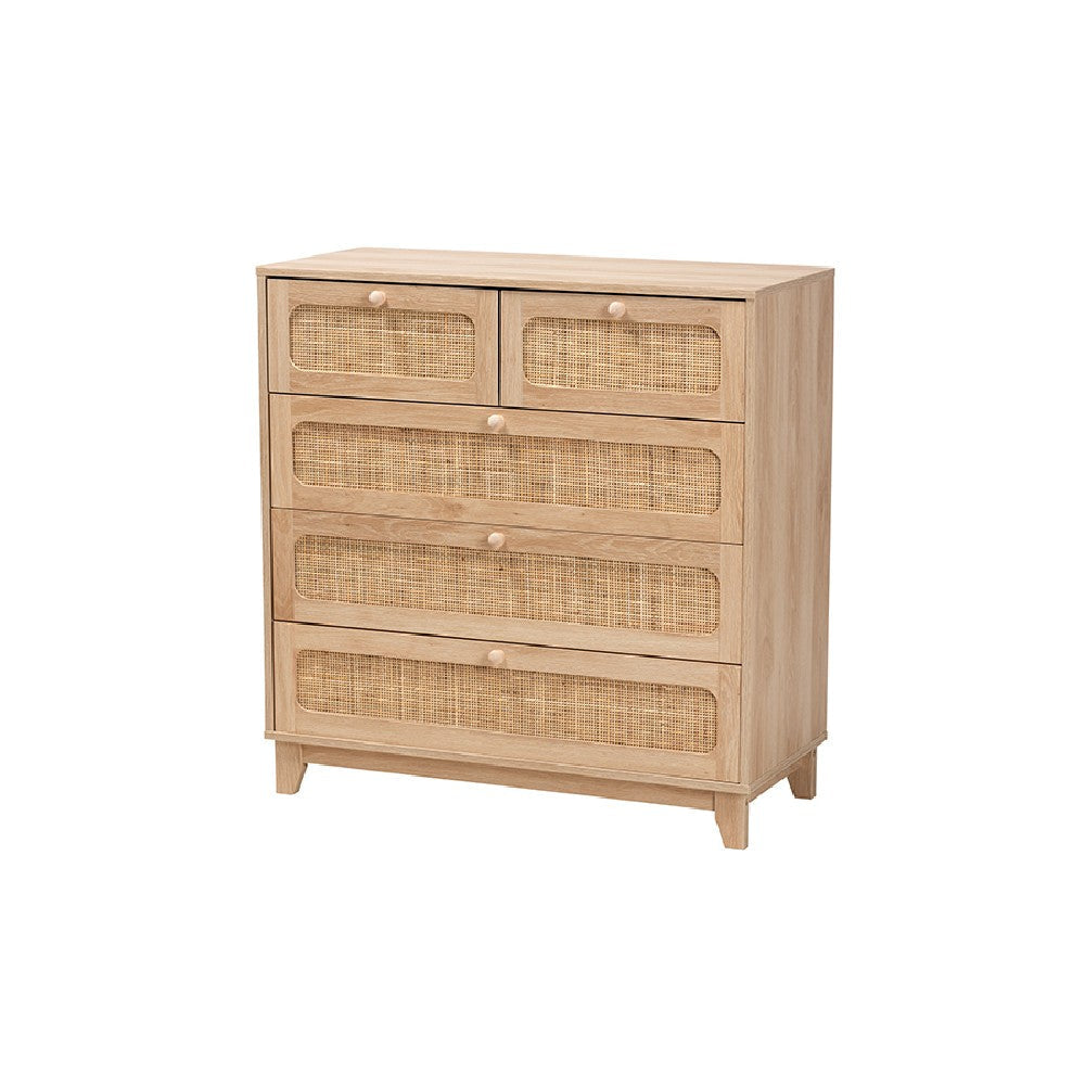 Baxton Studio Elsbeth Mid-Century Modern Oak Brown Finished Wood and Natural Rattan 5-Drawer Storage Cabinet