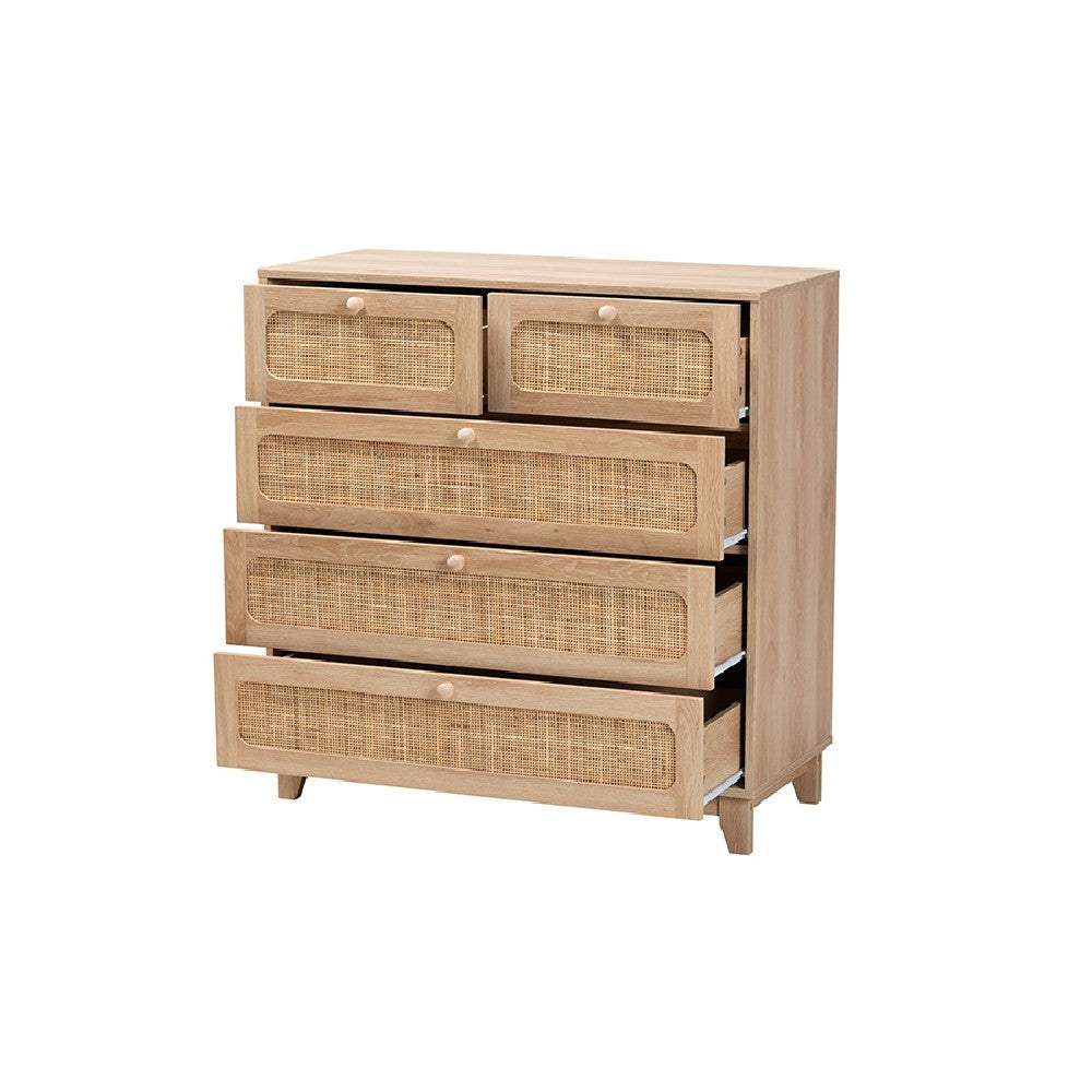Baxton Studio Elsbeth Mid-Century Modern Oak Brown Finished Wood and Natural Rattan 5-Drawer Storage Cabinet