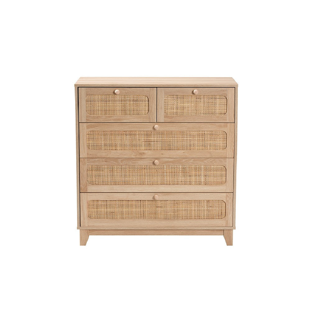 Baxton Studio Elsbeth Mid-Century Modern Oak Brown Finished Wood and Natural Rattan 5-Drawer Storage Cabinet