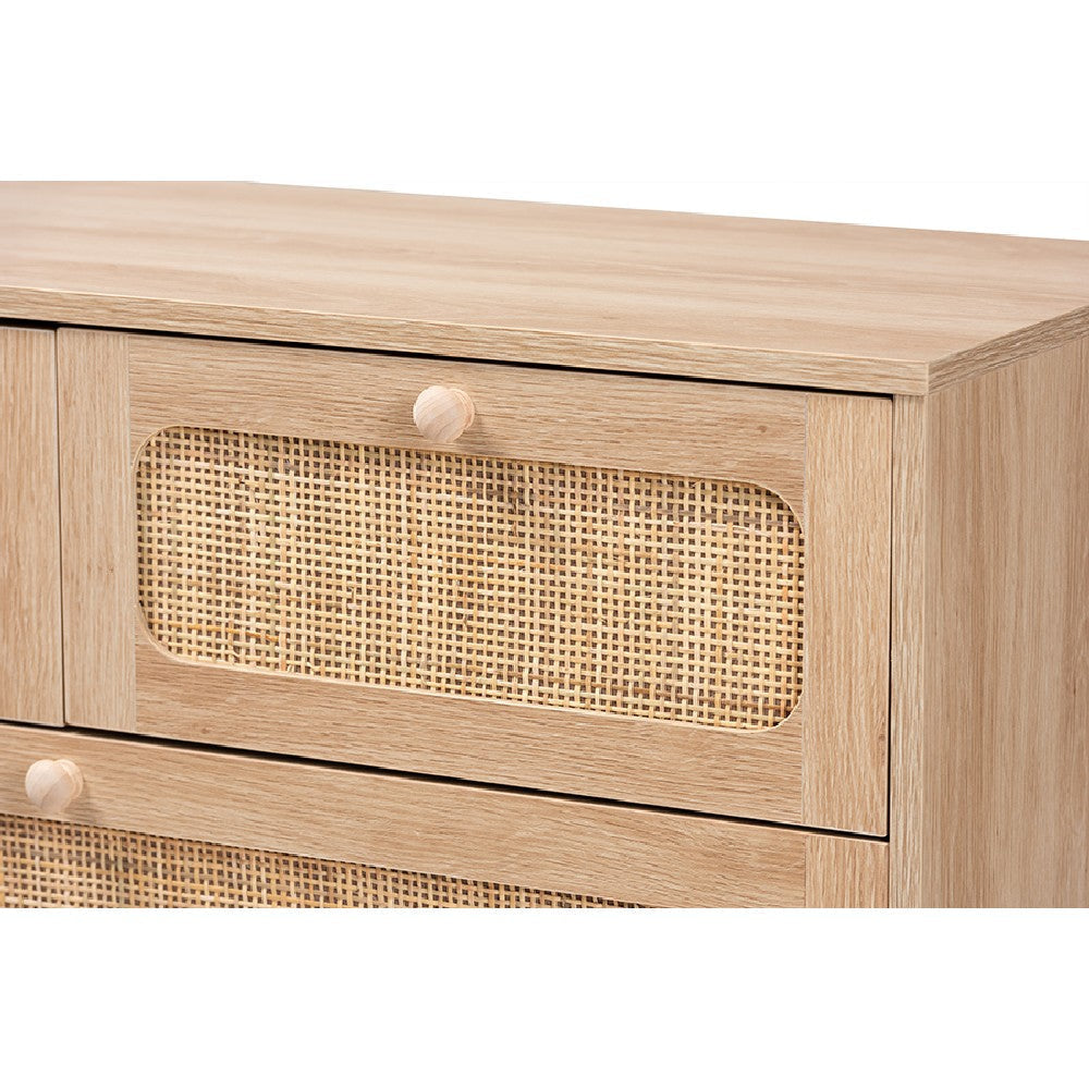 Baxton Studio Elsbeth Mid-Century Modern Oak Brown Finished Wood and Natural Rattan 5-Drawer Storage Cabinet