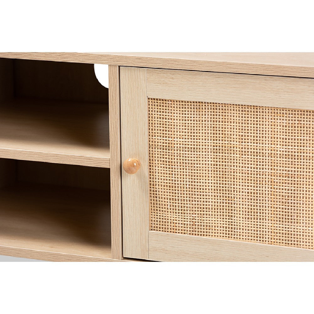 Baxton Studio Sebille Mid-Century Modern Light Brown Finished Wood 2-Door TV Stand with Natural Rattan WHI-LCF19046-Rattan-TV-Stand