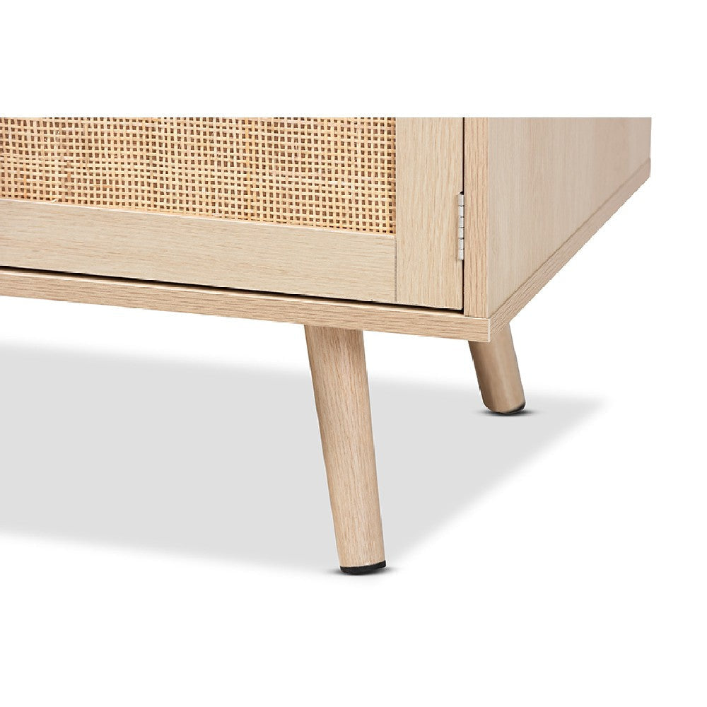 Baxton Studio Sebille Mid-Century Modern Light Brown Finished Wood 2-Door TV Stand with Natural Rattan WHI-LCF19046-Rattan-TV-Stand
