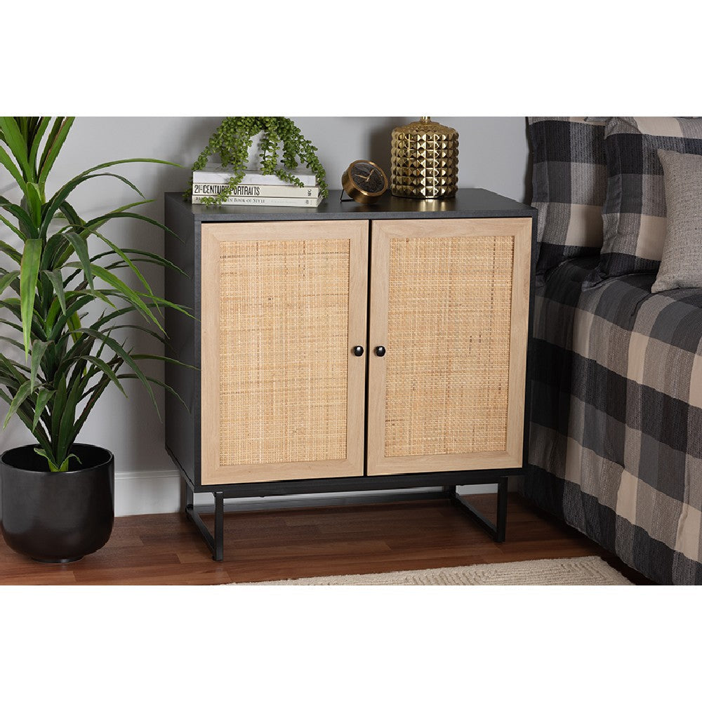 Baxton Studio Declan Mid-Century Modern Espresso Brown Finished Wood and Natural Rattan 2-Door Storage Cabinet