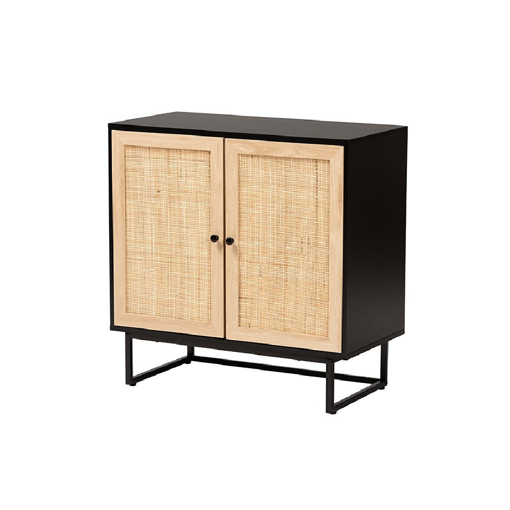 Baxton Studio Declan Mid-Century Modern Espresso Brown Finished Wood and Natural Rattan 2-Door Storage Cabinet