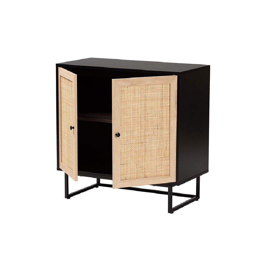 Baxton Studio Declan Mid-Century Modern Espresso Brown Finished Wood and Natural Rattan 2-Door Storage Cabinet
